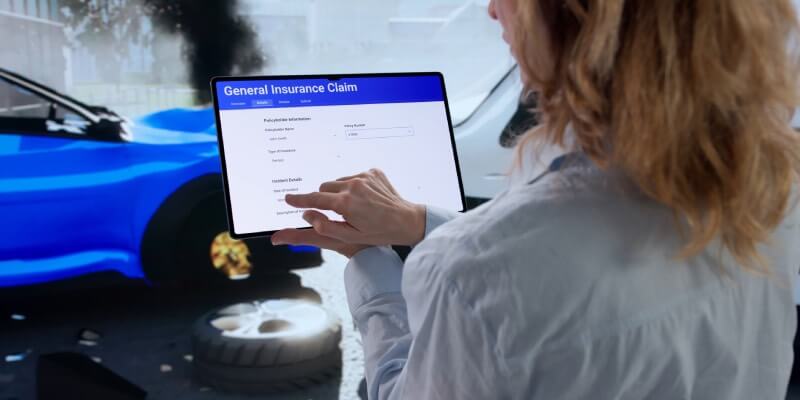 Woman filling out insurance claim on a tablet